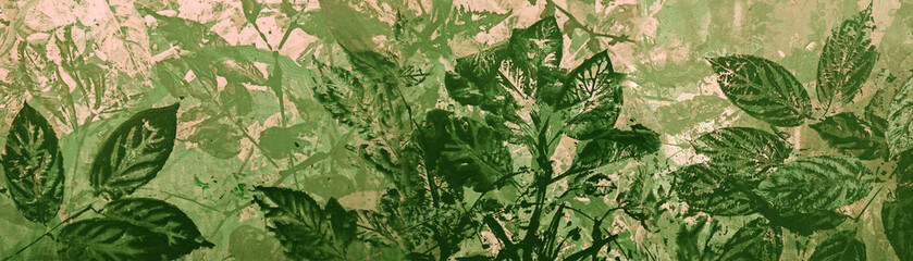 A natural, artistic green leaf pattern art painting on a canvas surface wallpaper background.