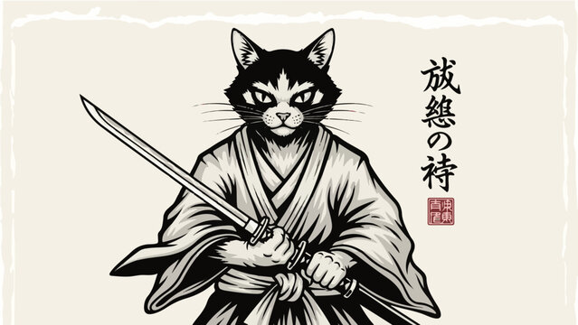 Fierce samurai cat holding katana sword Japanese ink wash style vector illustration