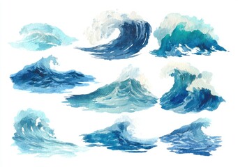Watercolor wave set. Varied shapes/sizes of blue and white waves, cresting and churning. Ocean theme depicted on a white background