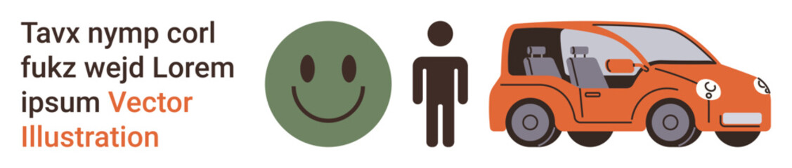 Automotive safety, emotional well-being, road accidents, human , vehicle damages, infographic elements. Green happy face, standing figure orange car with visible damage. Automotive safety