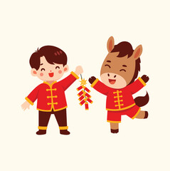Chinese New Year Boy  Horse Character with Firecrackers, Red Outfit, Celebration