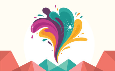 Obraz premium Vibrant abstract design with swirling colors and geometric mountains