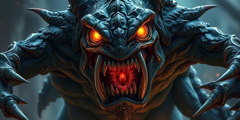 Gnarled, clawed monstrosity with glowing eyes and fanged maw, horror, glow