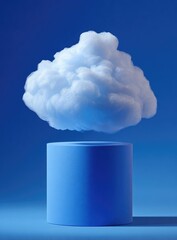 Fluffy white cloud hovering above a short blue cylinder, against a solid blue backdrop