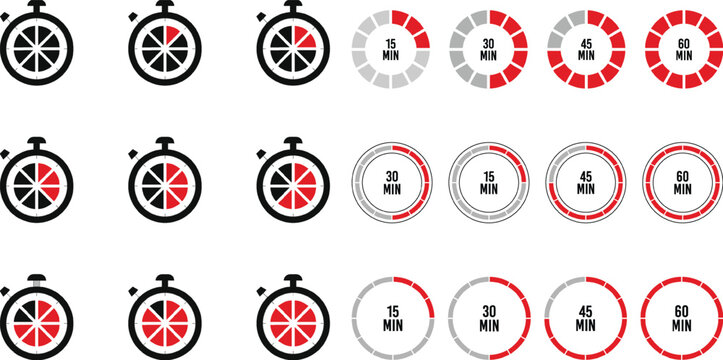 Stopwatch icons timer progress indicators countdown clocks minute intervals set for design and interface elements