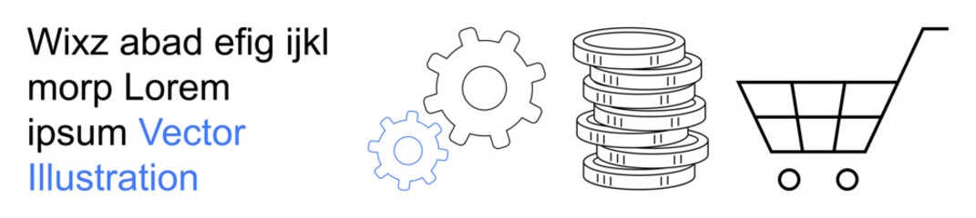 E-commerce, financial systems, online shopping, process automation, economic growth, digital trade. Gear wheels, coin stacks and shopping cart icon combination. E-commerce and financial systems