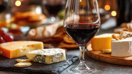 Wine glass full of red wine and cheese board arrangement on a table with ambient light