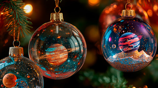 Colorful Christmas ornaments depicting planets and stars on a blurred festive background 
