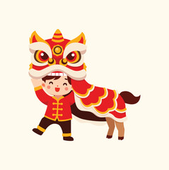 Happy Boy in Chinese Lion Dance Costume, Lunar New Year Celebration, Traditional Festival