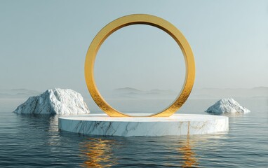 Golden ring on a marble platform in serene water with mountains in the background under a hazy sky