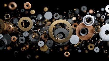 Shiny metal rings and spheres float against a dark background, reflecting light, creating a textured, abstract display