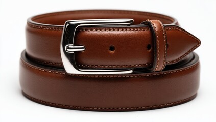 Tan leather belt with a polished metal buckle is coiled on a white surface in a studio shot