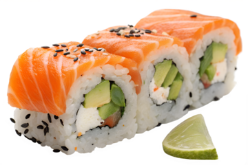Fresh Salmon Avocado Sushi Rolls with Black Sesame and Lime – Japanese Cuisine Photography