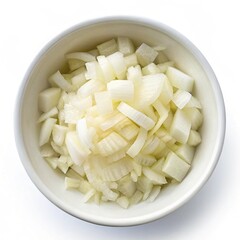 Sliced Onion in Bowl, Top Angle, Chopped Onions in White Bowl, Flat Lay