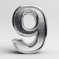 A metallic digit '9' is isolated on a light gray background. It appears to have a brushed metal finish