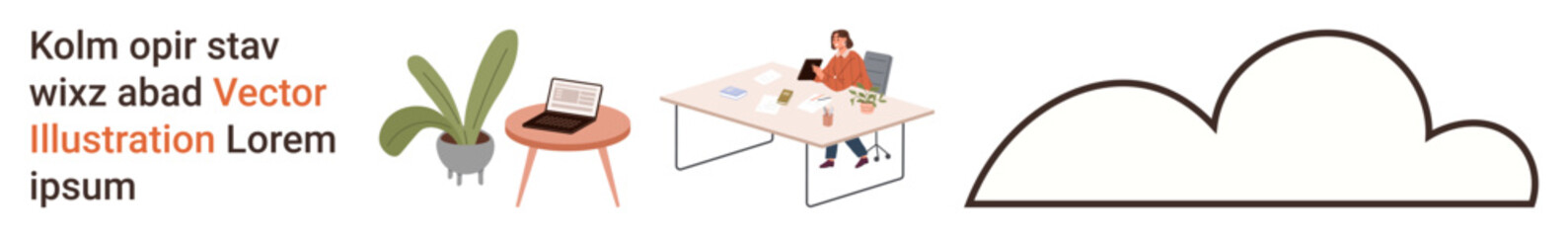 Remote work, freelancing, cloud technology, productivity, modern workspace, home office culture. A desk, a laptop a working individual a plant and a cloud symbol. Remote work and cloud technology