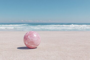 Pink marble sphere sits on a sandy beach with ocean waves and blue sky in the background