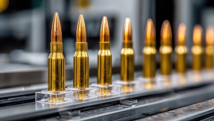 Close-up of golden bullets aligned in row on a production line, highlighting precision and manufacturing