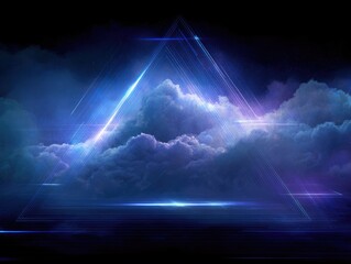Ethereal view of clouds under a blue triangle light show, creating an atmosphere of mystery and wonder