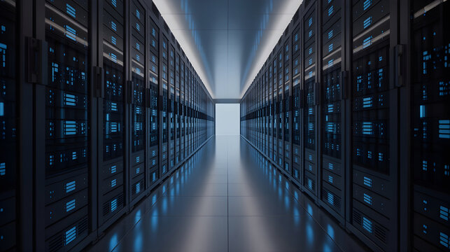 Futuristic data center corridor with endless rows of server racks, glowing blue LED lights, reflective floor, strong perspective leading to a bright vanishing point, ultra-modern technology