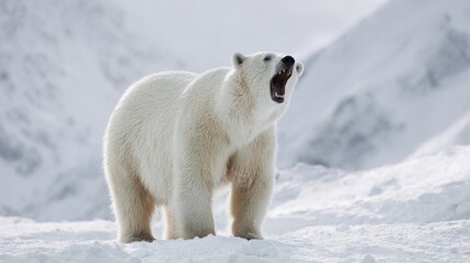 In a striking winter scene, a powerful bear stands proud with its mouth open, roaring against a backdrop of pure snow and distant mountains, showcasing nature's raw beauty and strength