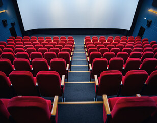 Fototapeta premium Rows of red seats facing a large movie screen, ideal for movie theaters, cinemas, event venues, entertainment industryrelated designs.