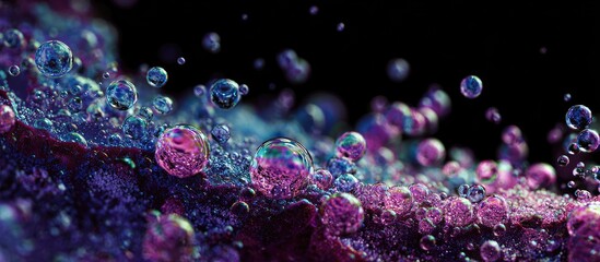 Microscopic view of iridescent bubbles clustered on a textured surface against a dark background