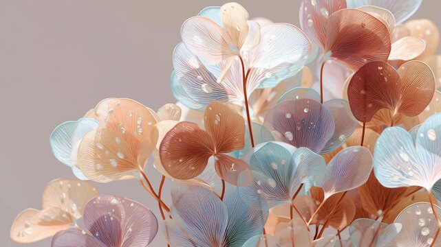 A vibrant bouquet of flowers, with a mix of pink, blue. Delicate pastel botanical illustration, hand-drawn petals, airy composition, modern soft aesthetic, pastel hand drawn flower style