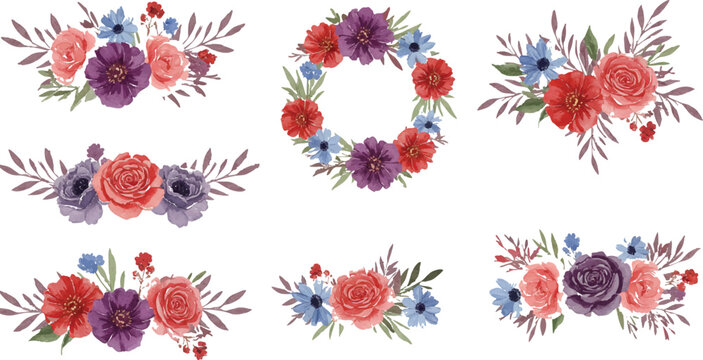 Watercolor floral vector collection. Mega bundle of hand painted colorful roses, sunflowers, lilies, tulips, wreaths, bouquets, and garden wildflowers isolated on white background.