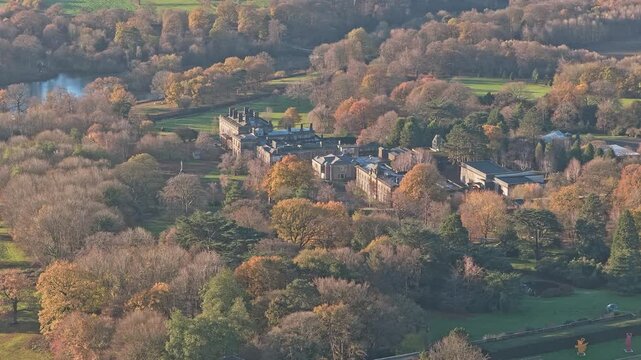 Bretton Hall, a magnificent listed Georgian country house and former college, stands as the historic centerpiece of the Yorkshire Sculpture Park in West Yorkshire, UK, drone establishing shot