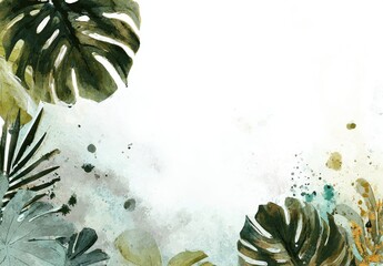 Watercolor painting of lush green foliage with an artistic splatter effect around the edges and white copy space