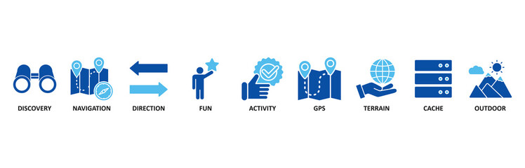Geocaching banner web icon set In Blue Style vector illustration foricon of discovery, navigation, direction, fun, activity, gps, terrain, cache and outdoor © Lembong135