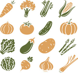 Set of simple vegetable illustrations in flat two color style green yellow orange beige