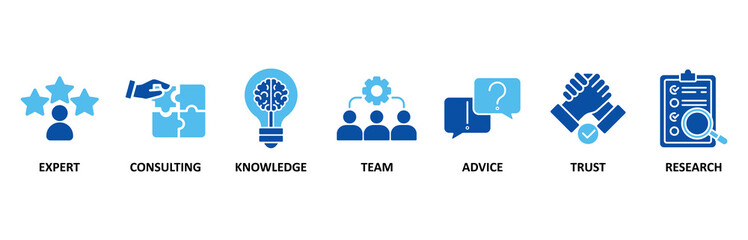 Expertise banner web icon set In Blue Style vector illustration for representing high-level knowledge and experience with an icon of expert, consulting, knowledge, team, advice, trust, and research