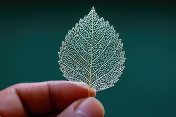 Delicate skeletal leaf held by fingers against deep teal background, veins detailed, edges serrated, ethereal and fragile