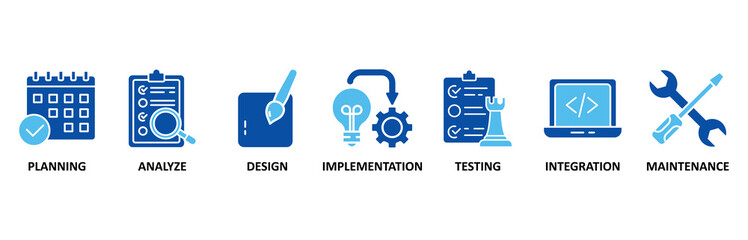 Software development banner web icon set In Blue Style vector illustration foricon of planning, analyze, design, implementation, testing, integration, and maintenance