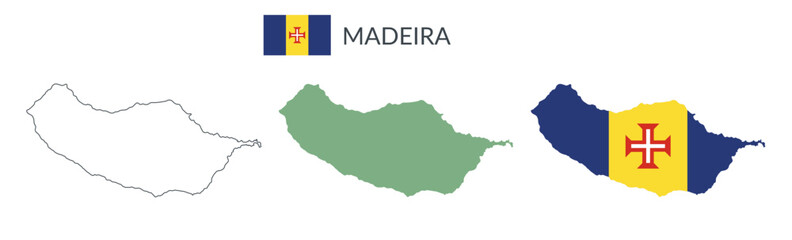 Madeira geographical borders isolated on white background. Flag of Madeira. Vector flat cliparts.