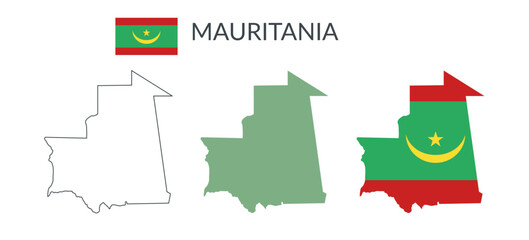 Mauritania geographical borders isolated on white background. Flag of Mauritania. Vector flat cliparts.