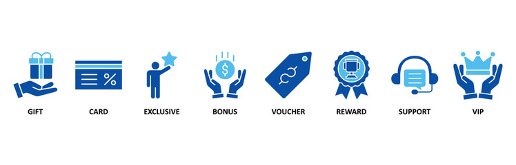 Loyalty program banner web icon set In Blue Style vector illustration foricon of gift, card, exclusive, bonus, voucher, reward, support, vip