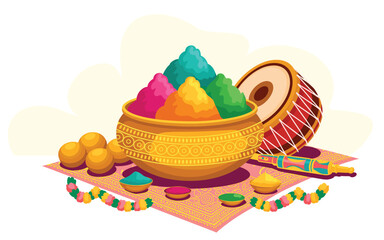 Fototapeta premium Vibrant Holi celebration with colorful powders and traditional Indian instruments