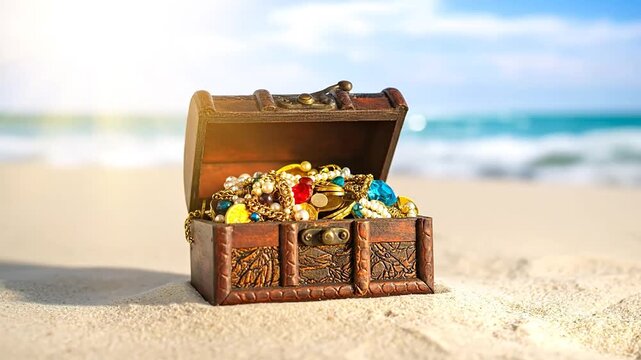 A weathered wooden chest overflowing with colorful jewels and pearls rests on a sandy beach