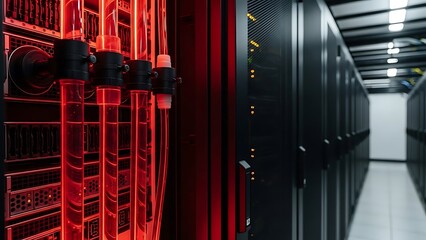 Data center server racks with bright red liquid cooling tubes and status lights