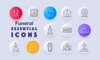 Funeral set icon. Grave, coffin, candle, tombstone, RIP marker, cross, angel, church, hearse, dove, framed photo outlined in mourning and memorial theme.