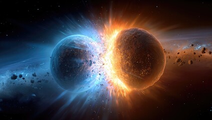 Two celestial bodies collide in a cosmic explosion of blue and orange light, surrounded by debris