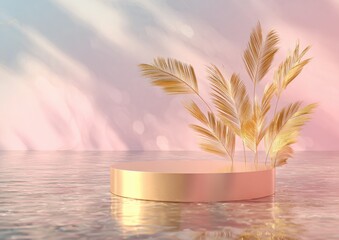 Gold podium with feathery plant accents sits on a textured surface, against a soft, colorful, light-blurred background