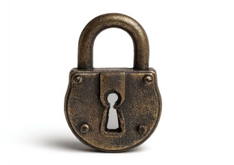 Antique, golden-hued metal padlock with keyhole centered on white background, aged with shadows and texture
