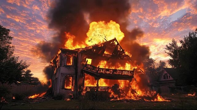 A burning house engulfed in flames under a dramatic sunset sky.
