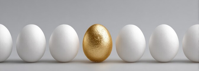 Golden egg amid white ones, on a light gray surface. Row of eggs, center gold. Minimalistic and well-lit