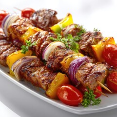 Meat skewers cooked beef, yellow bell peppers, red onions, tomatoes, parsley on a white platter