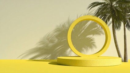 Yellow platform with a ring & palms casts shadows on a neutral wall. Space for product presentation